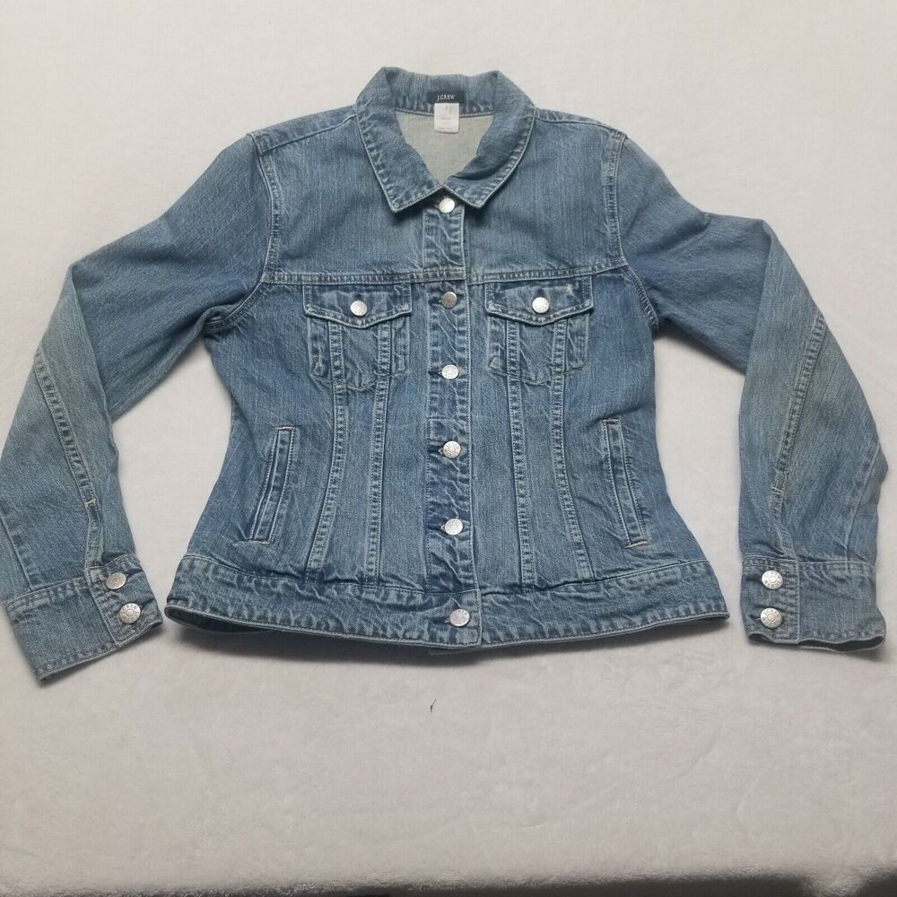 J Crew Womens Small Jacket Classic Jean Distressed Blue Denim Vintage Trucker